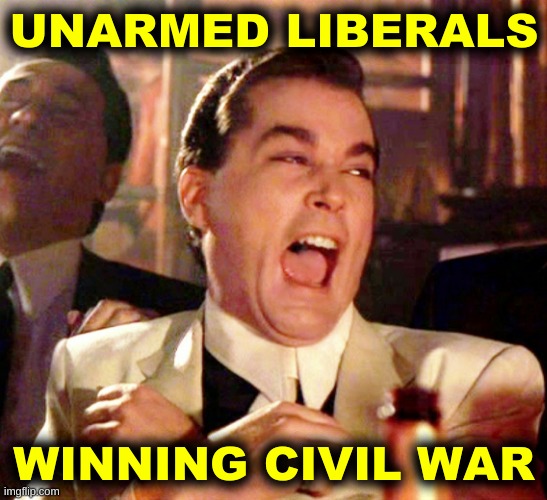 UNARMED LIBERALS; WINNING CIVIL WAR | image tagged in goodfellas laugh,ray liotta,unarmed liberals,civil war,trump 2020,trump loses | made w/ Imgflip meme maker