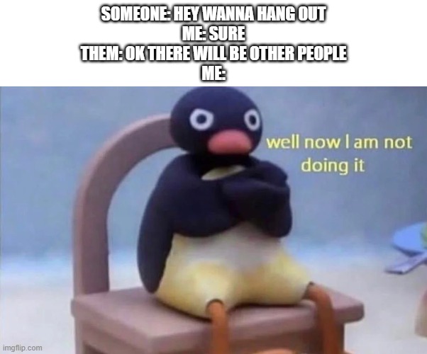 Pingu well now I am not doing it | SOMEONE: HEY WANNA HANG OUT
ME: SURE
THEM: OK THERE WILL BE OTHER PEOPLE
ME: | image tagged in pingu well now i am not doing it | made w/ Imgflip meme maker