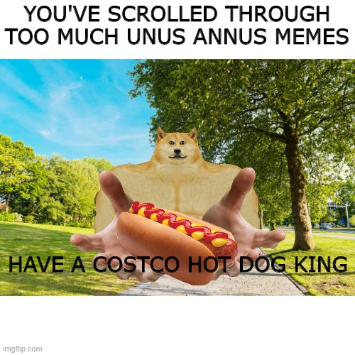 YOU'VE SCROLLED THROUGH TOO MUCH UNUS ANNUS MEMES; HAVE A COSTCO HOT DOG KING | image tagged in doge | made w/ Imgflip meme maker