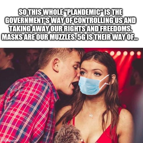 Conspiracy | SO THIS WHOLE "PLANDEMIC" IS THE GOVERNMENT'S WAY OF CONTROLLING US AND TAKING AWAY OUR RIGHTS AND FREEDOMS. MASKS ARE OUR MUZZLES. 5G IS THEIR WAY OF... | image tagged in coronavirus,conspiracy theory,face mask,5g | made w/ Imgflip meme maker