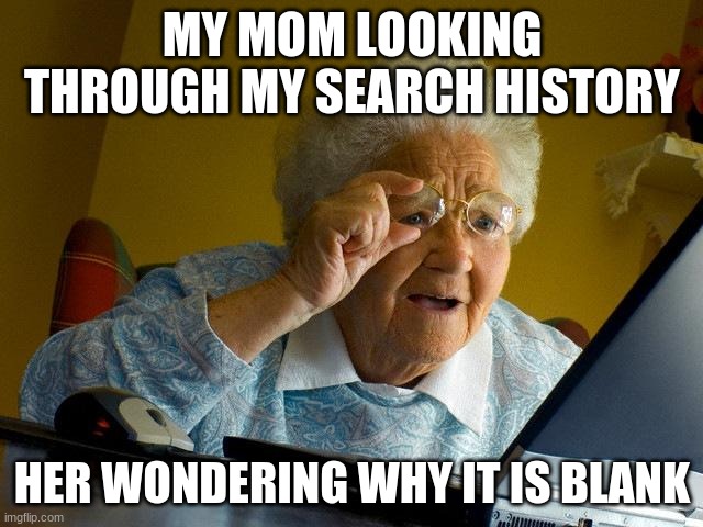 Grandma Finds The Internet | MY MOM LOOKING THROUGH MY SEARCH HISTORY; HER WONDERING WHY IT IS BLANK | image tagged in memes,grandma finds the internet | made w/ Imgflip meme maker