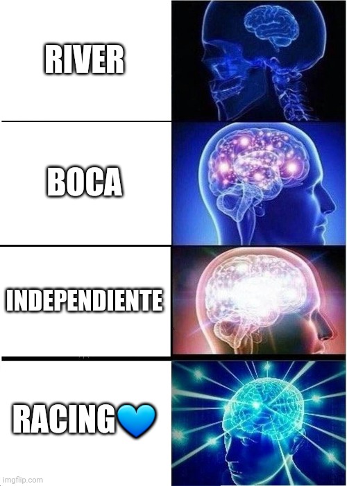 Expanding Brain Meme | RIVER; BOCA; INDEPENDIENTE; RACING💙 | image tagged in memes,expanding brain | made w/ Imgflip meme maker