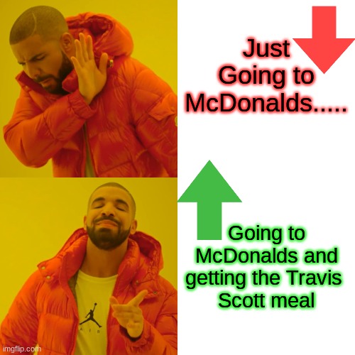 McDonalds is getting no buiness | Just Going to McDonalds..... Going to McDonalds and getting the Travis 
Scott meal | image tagged in memes,drake hotline bling | made w/ Imgflip meme maker