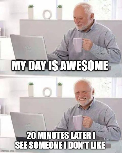 Hide the Pain Harold | MY DAY IS AWESOME; 20 MINUTES LATER I SEE SOMEONE I DON'T LIKE | image tagged in memes,hide the pain harold | made w/ Imgflip meme maker
