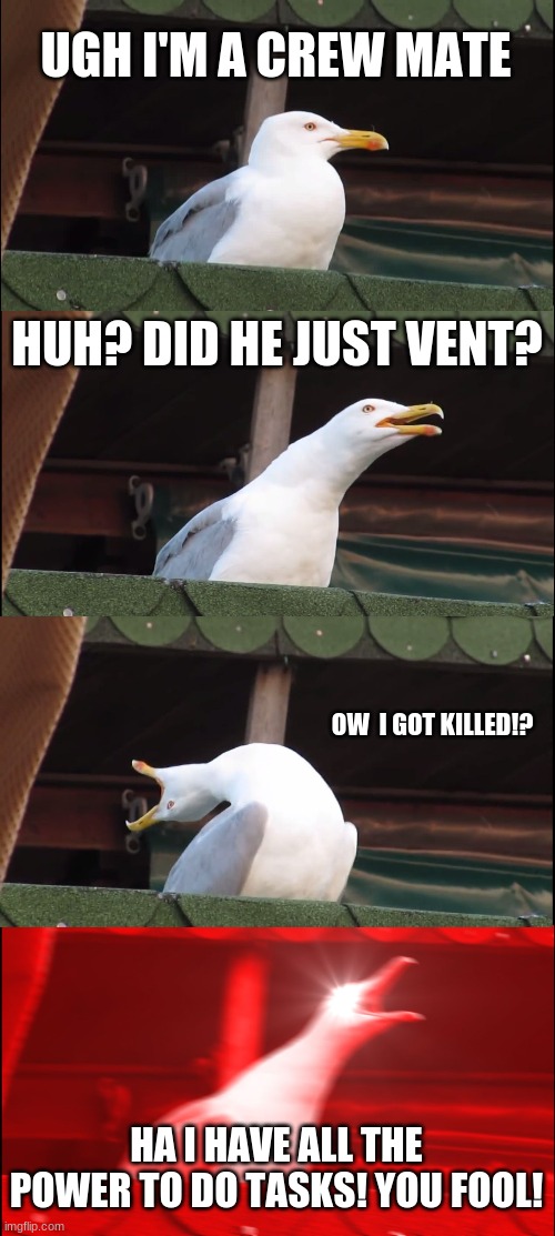 Inhaling Seagull | UGH I'M A CREW MATE; HUH? DID HE JUST VENT? OW  I GOT KILLED!? HA I HAVE ALL THE POWER TO DO TASKS! YOU FOOL! | image tagged in memes,inhaling seagull | made w/ Imgflip meme maker