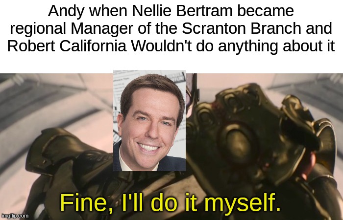 FINE I'll do it myself | Andy when Nellie Bertram became regional Manager of the Scranton Branch and Robert California Wouldn't do anything about it; Fine, I'll do it myself. | image tagged in fine i'll do it myself,memes,the office | made w/ Imgflip meme maker
