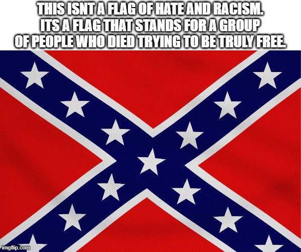 try to change my mind. u wont. | THIS ISNT A FLAG OF HATE AND RACISM. ITS A FLAG THAT STANDS FOR A GROUP OF PEOPLE WHO DIED TRYING TO BE TRULY FREE. | image tagged in history | made w/ Imgflip meme maker