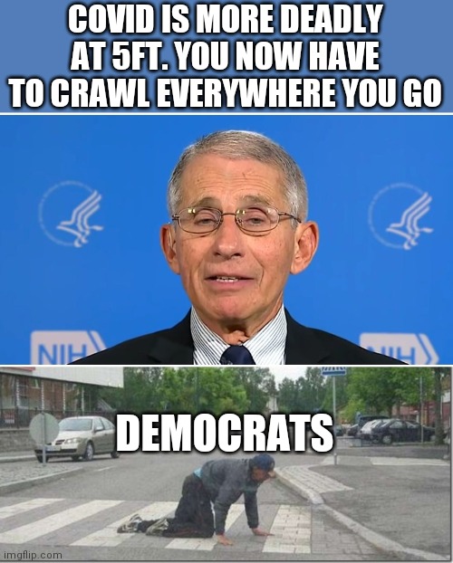 COVID IS MORE DEADLY AT 5FT. YOU NOW HAVE TO CRAWL EVERYWHERE YOU GO; DEMOCRATS | image tagged in dr fauci | made w/ Imgflip meme maker