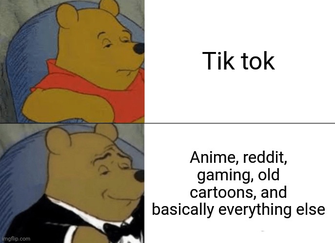 Tik tok is cringe cancer | Tik tok; Anime, reddit, gaming, old cartoons, and basically everything else | image tagged in memes,tuxedo winnie the pooh | made w/ Imgflip meme maker