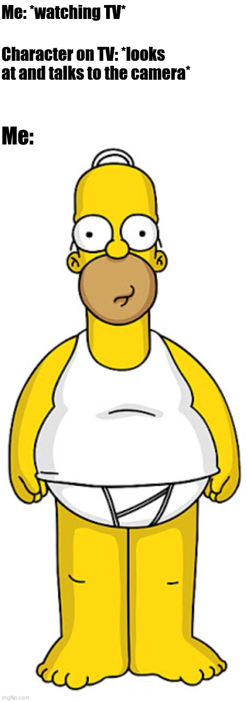I should keep my clothes on when I watch TV. They keep looking at me. | Me: *watching TV*; Character on TV: *looks at and talks to the camera*; Me: | image tagged in memes,watching tv,homer simpson,the simpsons,uncomfortable,simpsons | made w/ Imgflip meme maker