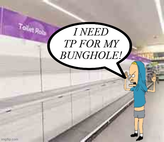 TP for my bunghole | I NEED TP FOR MY BUNGHOLE! | image tagged in tp for my bunghole,beavis,cornholio,toilet paper,the great cornholio,toilet paper shortage | made w/ Imgflip meme maker