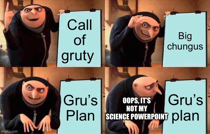This is what happens when you don’t change your PowerPoint title... | Call of gruty; Big chungus; Gru’s Plan; Gru’s plan; OOPS, IT’S NOT MY SCIENCE POWERPOINT | image tagged in memes,gru's plan | made w/ Imgflip meme maker