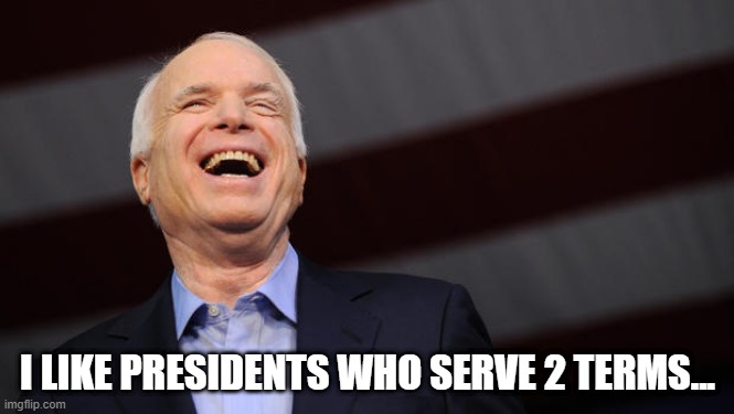 John McCain Trump Hero | I LIKE PRESIDENTS WHO SERVE 2 TERMS... | image tagged in john mccain,donald trump | made w/ Imgflip meme maker