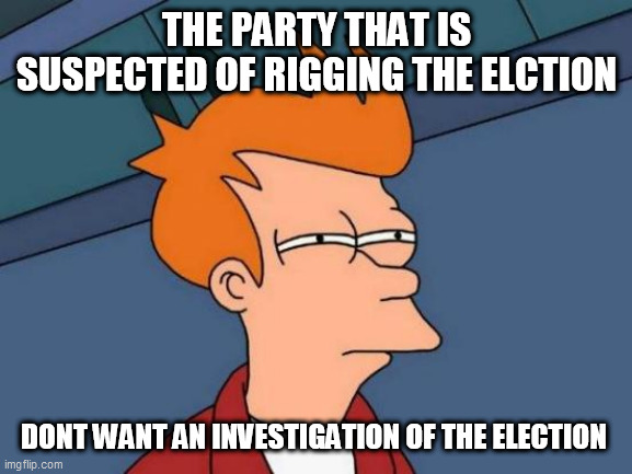 Futurama Fry | THE PARTY THAT IS SUSPECTED OF RIGGING THE ELCTION; DONT WANT AN INVESTIGATION OF THE ELECTION | image tagged in memes,futurama fry | made w/ Imgflip meme maker
