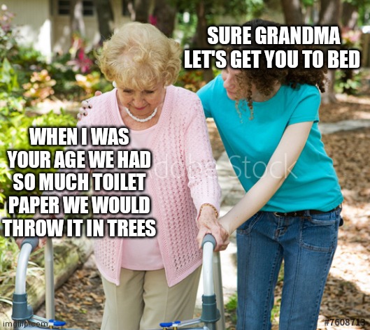 Me as a Grandmother | SURE GRANDMA LET'S GET YOU TO BED; WHEN I WAS YOUR AGE WE HAD SO MUCH TOILET PAPER WE WOULD THROW IT IN TREES | image tagged in sure grandma | made w/ Imgflip meme maker