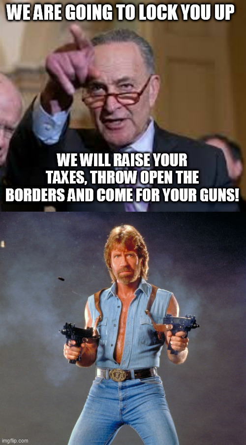 WE ARE GOING TO LOCK YOU UP; WE WILL RAISE YOUR TAXES, THROW OPEN THE BORDERS AND COME FOR YOUR GUNS! | image tagged in schmuck shumer,memes,chuck norris guns | made w/ Imgflip meme maker