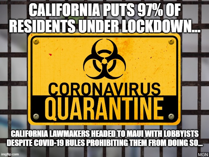 Some people are more equal than others. | CALIFORNIA PUTS 97% OF RESIDENTS UNDER LOCKDOWN…; CALIFORNIA LAWMAKERS HEADED TO MAUI WITH LOBBYISTS DESPITE COVID-19 RULES PROHIBITING THEM FROM DOING SO… | image tagged in coronavirus quarantine | made w/ Imgflip meme maker
