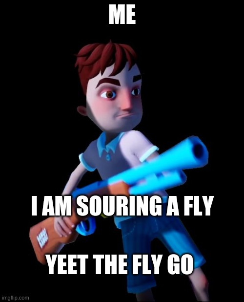 Hello Neighbor Aaron With Gun | ME; I AM SOURING A FLY; YEET THE FLY GO | image tagged in hello neighbor aaron with gun | made w/ Imgflip meme maker