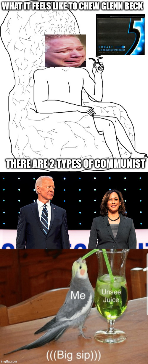 What it feels like to chew Pure Ideology. | WHAT IT FEELS LIKE TO CHEW GLENN BECK; THERE ARE 2 TYPES OF COMMUNIST | image tagged in big brain wojack,unsee juice,pure ideology,political meme,5 gum,american politics | made w/ Imgflip meme maker