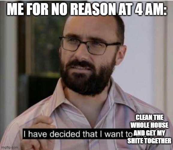 if only i had this type of motivation all the time | ME FOR NO REASON AT 4 AM:; CLEAN THE WHOLE HOUSE AND GET MY SHITE TOGETHER | image tagged in i have decided that i want to die | made w/ Imgflip meme maker