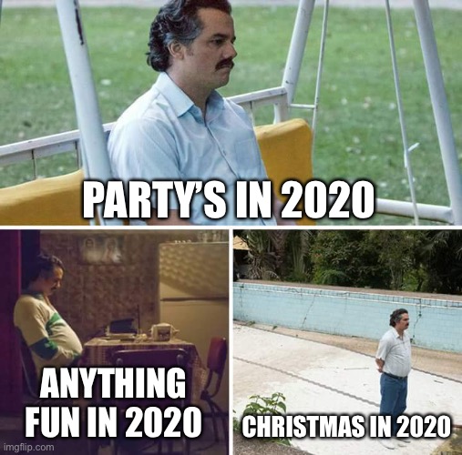 Sad Pablo Escobar Meme | PARTY’S IN 2020; ANYTHING FUN IN 2020; CHRISTMAS IN 2020 | image tagged in memes,sad pablo escobar | made w/ Imgflip meme maker