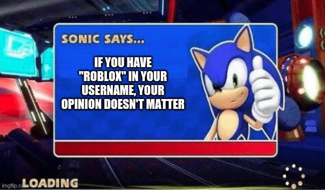 Sonic Says | IF YOU HAVE "ROBLOX" IN YOUR USERNAME, YOUR OPINION DOESN'T MATTER | image tagged in sonic says,sonic the hedgehog,roblox,youtube,youtube comments | made w/ Imgflip meme maker