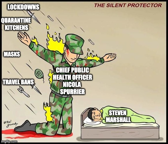 the silent protector | LOCKDOWNS; QUARANTINE 
KITCHENS; MASKS; CHIEF PUBLIC
HEALTH OFFICER
NICOLA 
SPURRIER; TRAVEL BANS; STEVEN 
MARSHALL | image tagged in the silent protector | made w/ Imgflip meme maker