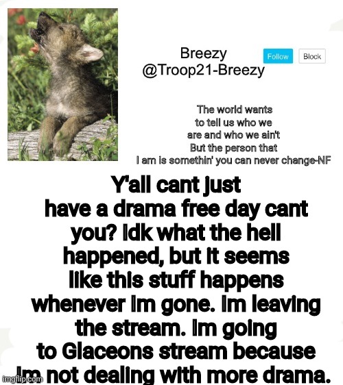 Trooper21-Breezy template | Y'all cant just have a drama free day cant you? Idk what the hell happened, but it seems like this stuff happens whenever Im gone. Im leaving the stream. Im going to Glaceons stream because Im not dealing with more drama. | image tagged in trooper21-breezy template | made w/ Imgflip meme maker