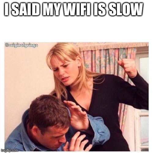 Internet issues |  I SAID MY WIFI IS SLOW | image tagged in woman hitting man | made w/ Imgflip meme maker