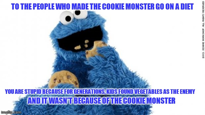 cookie monster | TO THE PEOPLE WHO MADE THE COOKIE MONSTER GO ON A DIET; YOU ARE STUPID BECAUSE FOR GENERATIONS, KIDS FOUND VEGETABLES AS THE ENEMY; AND IT WASN'T BECAUSE OF THE COOKIE MONSTER | image tagged in cookie monster | made w/ Imgflip meme maker