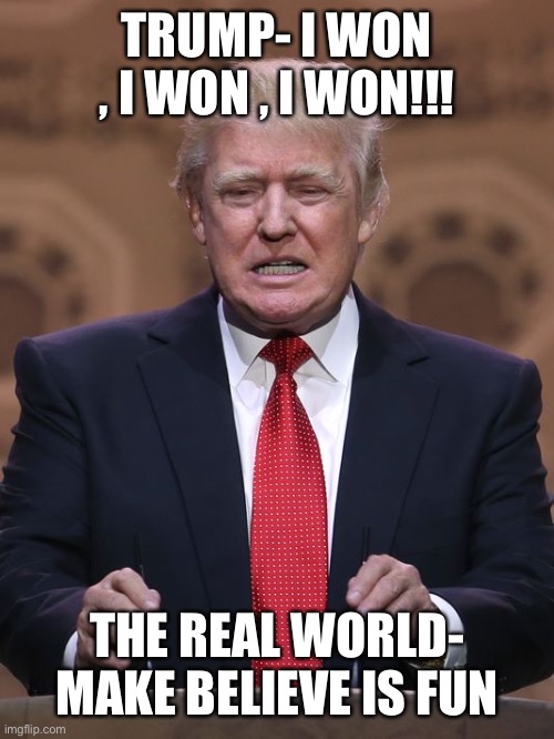 Donald Trump | TRUMP- I WON , I WON , I WON!!! THE REAL WORLD- MAKE BELIEVE IS FUN | image tagged in donald trump | made w/ Imgflip meme maker