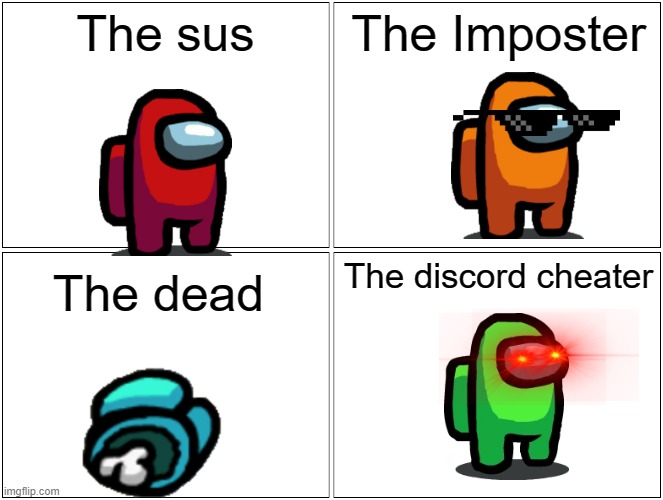 Among us types | The sus; The Imposter; The discord cheater; The dead | image tagged in memes,blank comic panel 2x2 | made w/ Imgflip meme maker