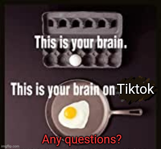 Stop using tiktok! | Tiktok; Any questions? | image tagged in this is your brain,eggs,tiktok,destroy,brain | made w/ Imgflip meme maker