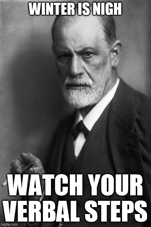 Sigmund Freud Meme | WINTER IS NIGH WATCH YOUR VERBAL STEPS | image tagged in memes,sigmund freud | made w/ Imgflip meme maker