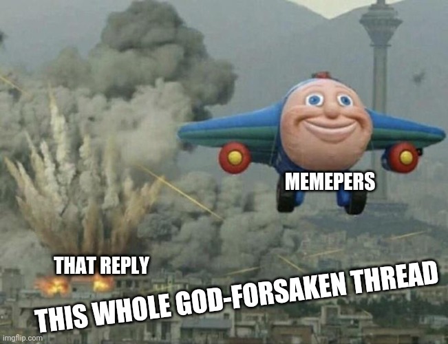 Plane flying from explosions | THAT REPLY THIS WHOLE GOD-FORSAKEN THREAD MEMEPERS | image tagged in plane flying from explosions | made w/ Imgflip meme maker