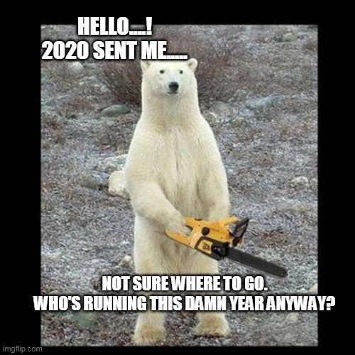 2020 sent me | HELLO....!
2020 SENT ME..... NOT SURE WHERE TO GO.
WHO'S RUNNING THIS DAMN YEAR ANYWAY? | image tagged in memes,chainsaw bear | made w/ Imgflip meme maker