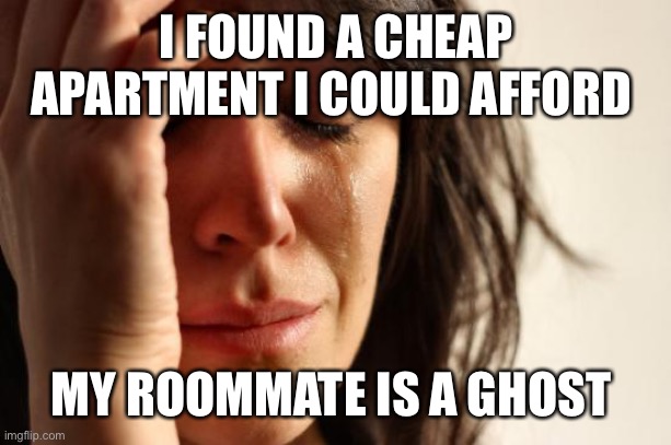 First World Problems Meme | I FOUND A CHEAP APARTMENT I COULD AFFORD; MY ROOMMATE IS A GHOST | image tagged in memes,first world problems | made w/ Imgflip meme maker