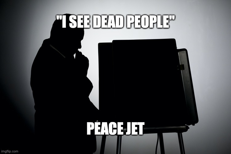 "I see dead people" | "I SEE DEAD PEOPLE"; PEACE JET | image tagged in voter fraud,election 2020,politics,the constitution | made w/ Imgflip meme maker
