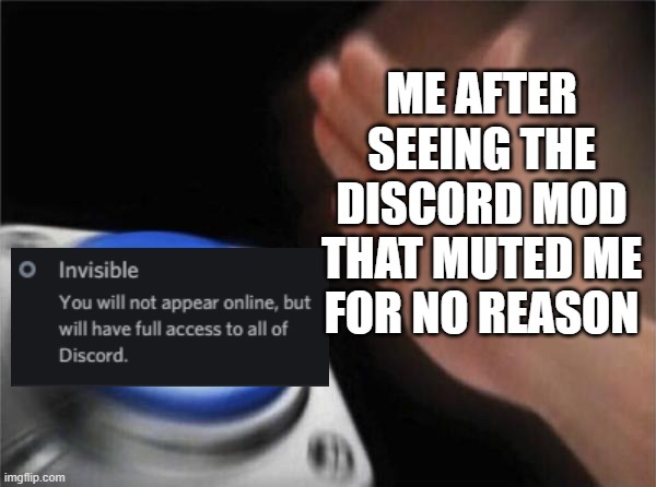 Blank Nut Button Meme | ME AFTER SEEING THE DISCORD MOD THAT MUTED ME FOR NO REASON | image tagged in memes,blank nut button | made w/ Imgflip meme maker