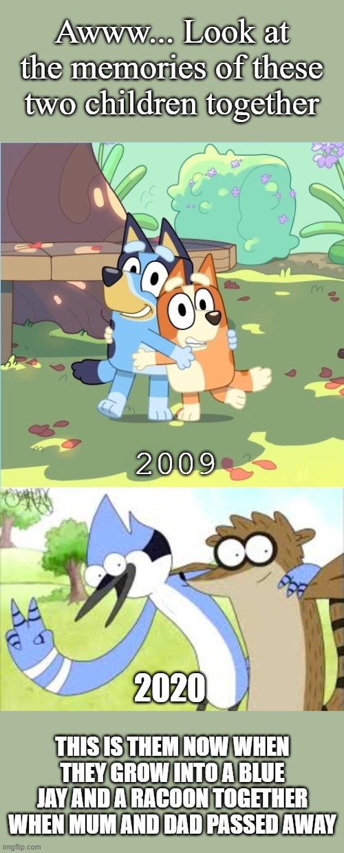 They grow up so fast! | Awww... Look at the memories of these two children together; 2009; 2020; THIS IS THEM NOW WHEN THEY GROW INTO A BLUE JAY AND A RACOON TOGETHER WHEN MUM AND DAD PASSED AWAY | image tagged in memes,regular show,bluey,cartooons,youtubers,kids | made w/ Imgflip meme maker