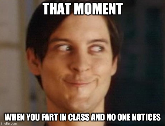 that moment when you fart and no one notices | THAT MOMENT; WHEN YOU FART IN CLASS AND NO ONE NOTICES | image tagged in memes,spiderman peter parker | made w/ Imgflip meme maker