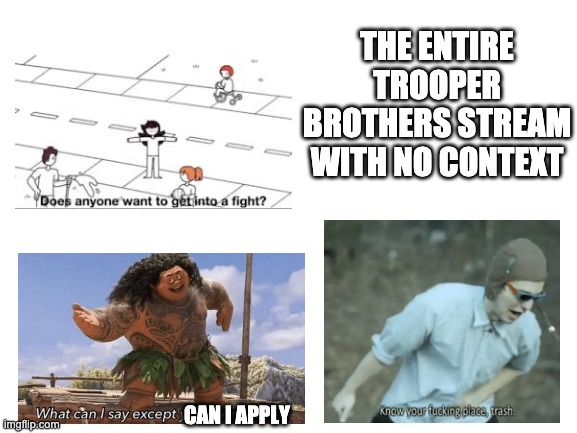 I do not want to start a fight, I just want to get in, make this meme, and get out. | THE ENTIRE TROOPER BROTHERS STREAM WITH NO CONTEXT; CAN I APPLY | image tagged in blank white template | made w/ Imgflip meme maker