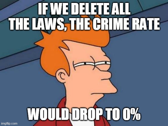 Right. | IF WE DELETE ALL THE LAWS, THE CRIME RATE; WOULD DROP TO 0% | image tagged in memes,futurama fry | made w/ Imgflip meme maker