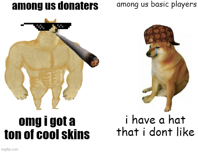 Buff Doge vs. Cheems Meme | among us donaters; among us basic players; i have a hat that i dont like; omg i got a ton of cool skins | image tagged in memes,buff doge vs cheems | made w/ Imgflip meme maker