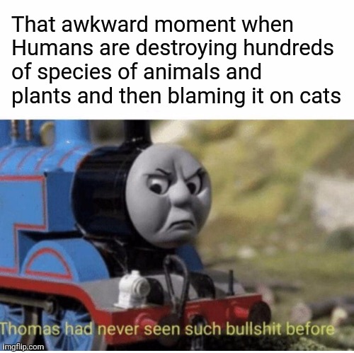 Humans: the only invasive species | That awkward moment when Humans are destroying hundreds of species of animals and plants and then blaming it on cats | image tagged in thomas has never seen such bullshit before | made w/ Imgflip meme maker