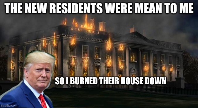 Disaster girl, er, boy, was unhappy | THE NEW RESIDENTS WERE MEAN TO ME; SO I BURNED THEIR HOUSE DOWN | image tagged in the donald is the new disaster girl,donald trump,whitehouse | made w/ Imgflip meme maker