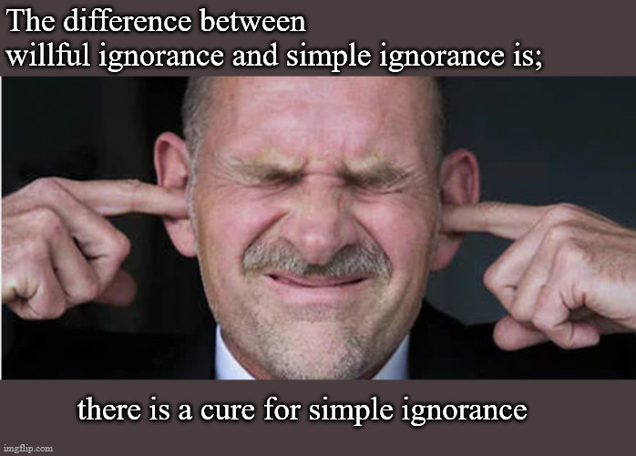 the difference between willful ignorance and simple ignorance | The difference between 
willful ignorance and simple ignorance is;; there is a cure for simple ignorance | image tagged in simple ignorance,willful ignorance | made w/ Imgflip meme maker