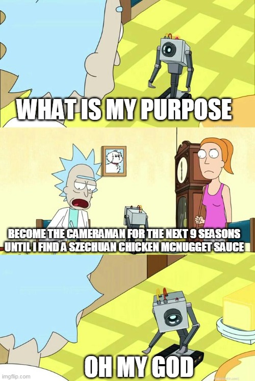What's My Purpose - Butter Robot | WHAT IS MY PURPOSE; BECOME THE CAMERAMAN FOR THE NEXT 9 SEASONS UNTIL I FIND A SZECHUAN CHICKEN MCNUGGET SAUCE; OH MY GOD | image tagged in what's my purpose - butter robot | made w/ Imgflip meme maker