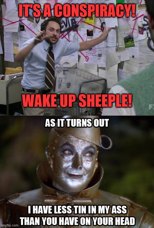 Because not all foil is aluminum | IT'S A CONSPIRACY! WAKE UP SHEEPLE! | image tagged in charlie conspiracy always sunny in philidelphia,conspiracy,sheeple,tin man,tin foil hat | made w/ Imgflip meme maker