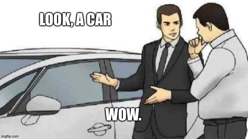 B o r e d . | LOOK, A CAR; WOW. | image tagged in memes,car salesman slaps roof of car | made w/ Imgflip meme maker